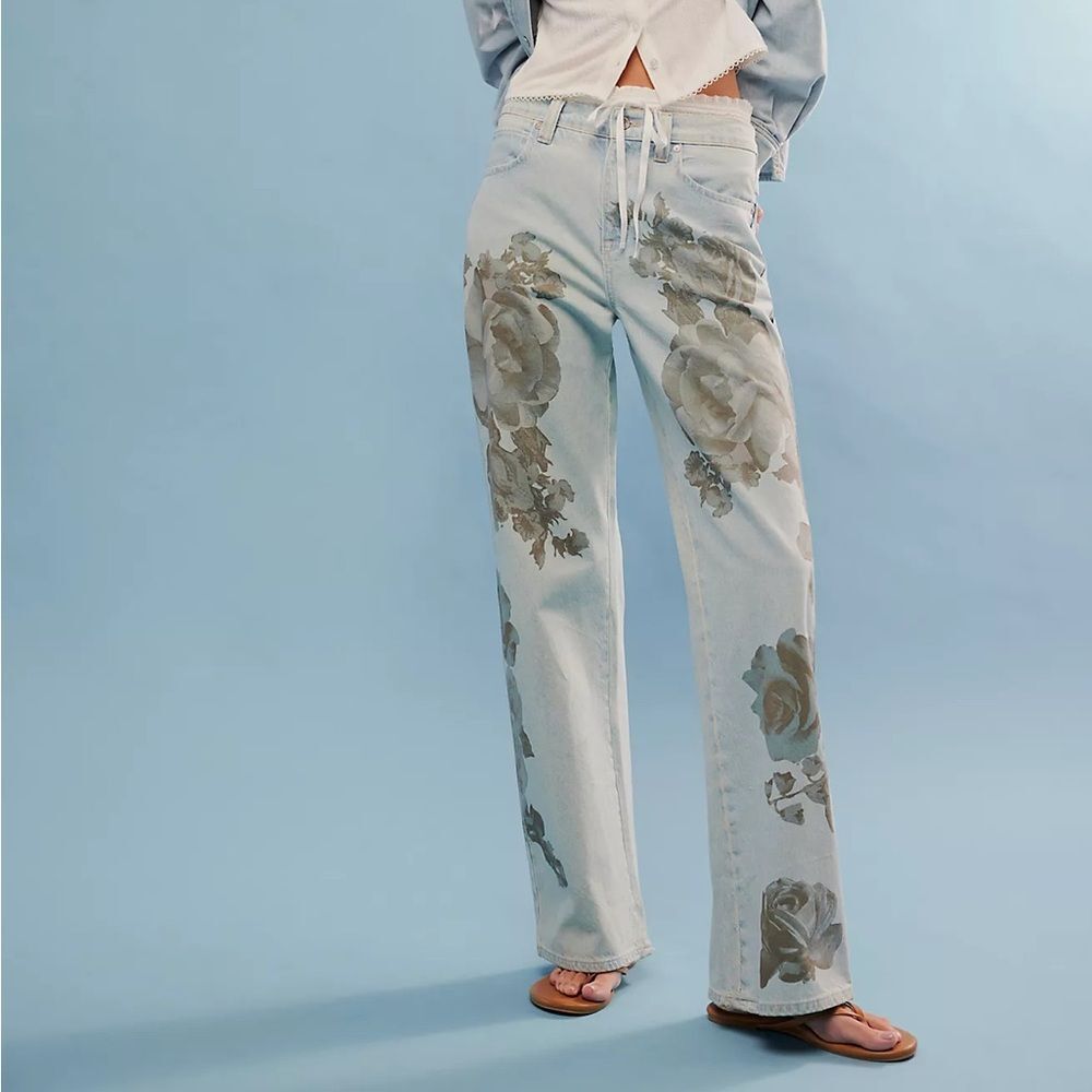 New We The Free Tinsley Baggy High-Rise Printed Jeans Size 28